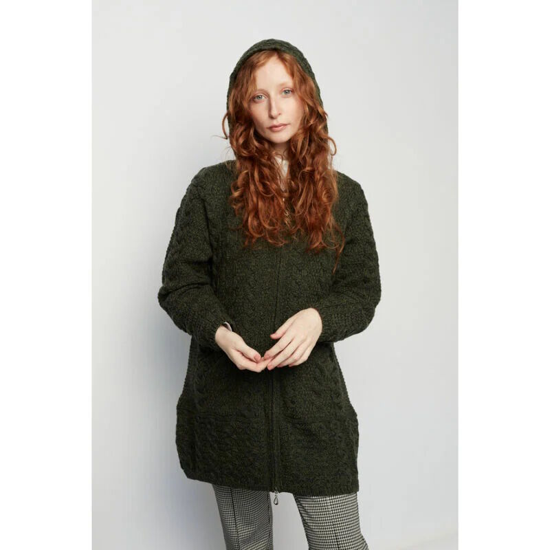 100% Merino Wool Hooded Coat With Double Full Zipper  Green Colour